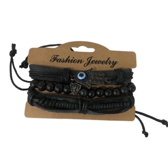 Black Leather Bracelet Set with Blue Evil Eye | 3 PCS Adjustable Bracele… - Picture 2 of 4